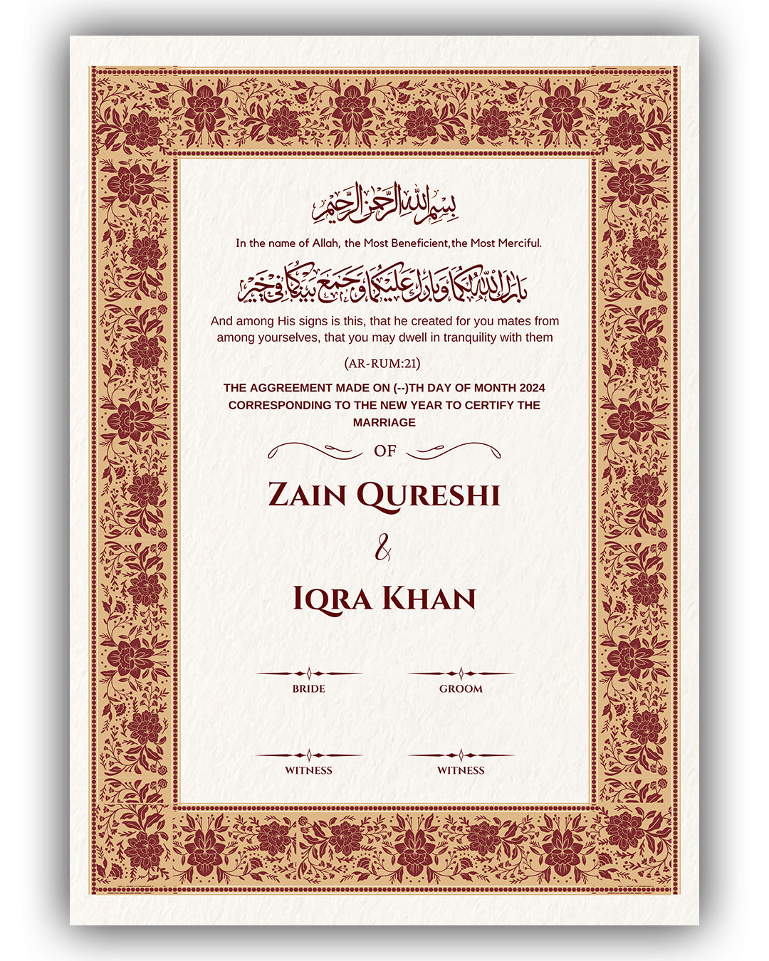 Maroon Ornament Turkish Nikah Nama