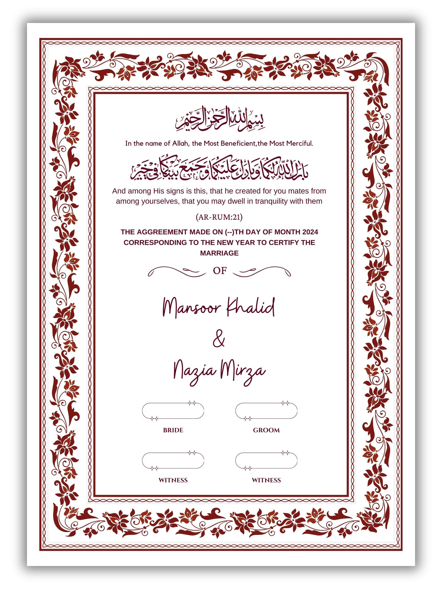 Maroon Embrace Nikah Nama