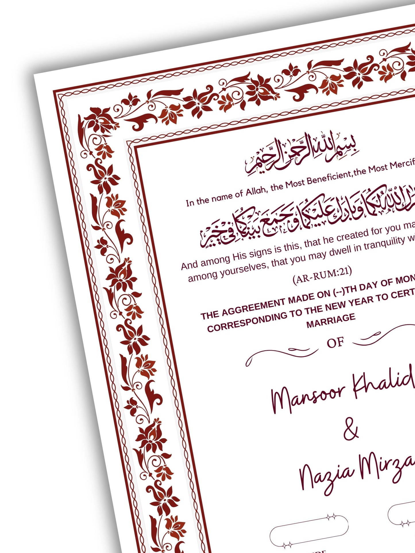 Maroon Embrace Nikah Nama